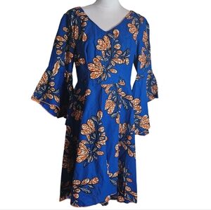 Blue African Ankara Print Dress Sz Large ? Bell Sleeve Hi Low Hem Wedding Party